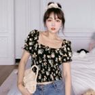 Floral Print Square-neck Short-sleeve Chiffon Top