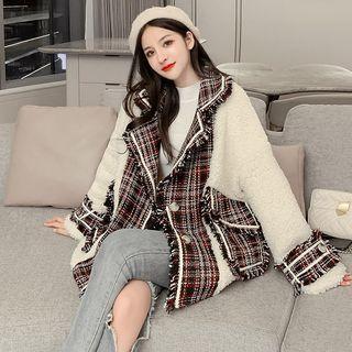 Faux Shearling Panel Tweed Buttoned Jacket