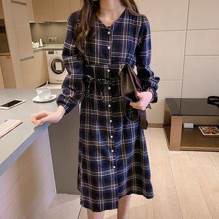 Plaid A-line Buttoned Dress Blue - One Size