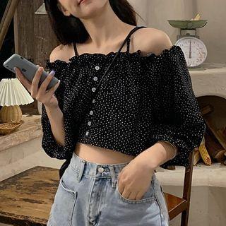 Cold-shoulder Dotted Blouse Dots - Black - One Size