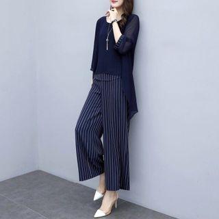 Set: 3/4-sleeve Top + Pinstriped Wide-leg Pants