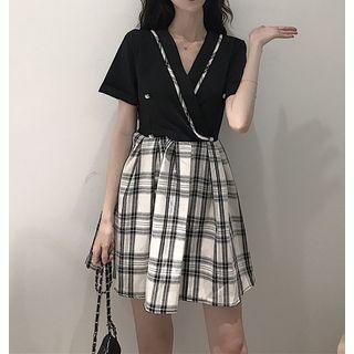 Short-sleeve Mock Two-piece Plaid Panel Dress