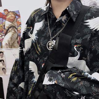 Crane Print Long-sleeve Shirt As Shown In Figure - One Size