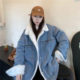 Fluffy-lined Denim Jacket Blue - One Size