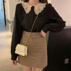 Lace Collar Chiffon Blouse / Plaid Mini A-line Skirt