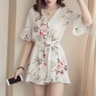 Elbow-sleeve Floral Print Chiffon Romper