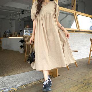 Balloon-sleeve Buttoned Long Dress
