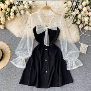 Long-sleeve Bow-front Mesh Panel Mini A-line Dress