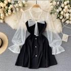 Long-sleeve Bow-front Mesh Panel Mini A-line Dress