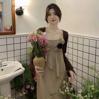 Spaghetti-strap Flower Accent Midi A-line Dress / Cardigan
