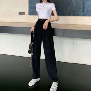 Set: Short-sleeve Cropped T-shirt + Straight Leg Pants