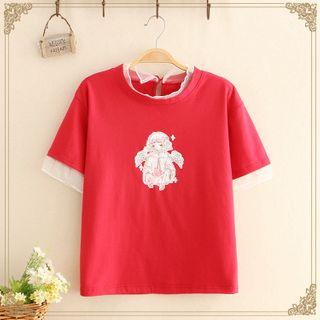 Mesh Panel Doll Print Short-sleeve Top