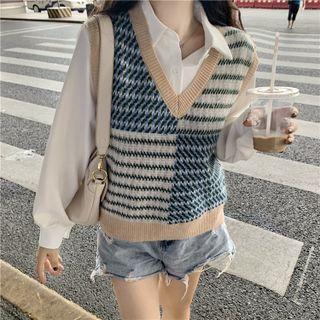 Color Block Houndstooth Sweater Vest / Long-sleeve Plain Shirt