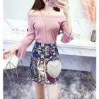 Set: Long-sleeve Off-shoulder Top + Dog Print Mini A-line Skirt
