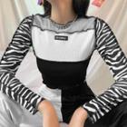 Long Sleeve Color-block Zebra-print Crop Top