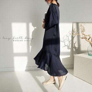 Ruffle-hem Midi Satin Dress
