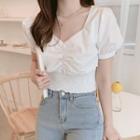 Puff-sleeve Shirred-front Cropped Blouse