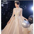 3/4-sleeve Mock-turtleneck Floral Applique A-line Wedding Gown