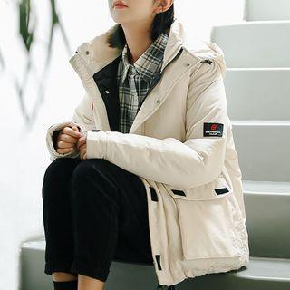 Letter Patched Hooded Padded Zip Jacket
