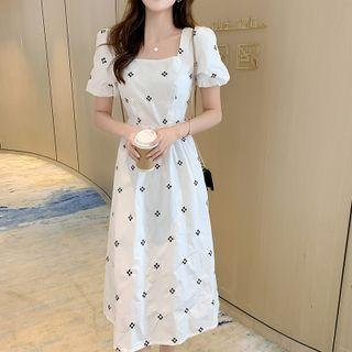 Puff-sleeve Square-neck Floral Embroidered Midi A-line Dress