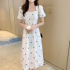 Puff-sleeve Square-neck Floral Embroidered Midi A-line Dress