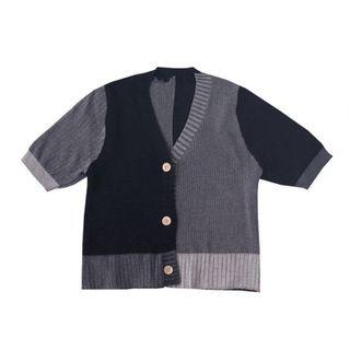 V-neck Color-block Button-up Cardigan Gray - One Size