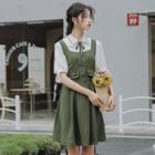 Set: Short-sleeve Lace Trim Shirt + Overall Dress
