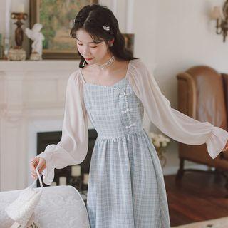 Mesh Panel Plaid Long-sleeve Dress