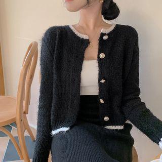 Contrast Trim Faux Pearl Button Knit Cardigan