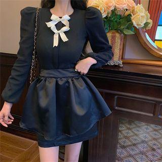 Puff-sleeve Bow Blouse / A-line Skirt