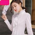 Frill Trim Stand-collar Long-sleeve Blouse