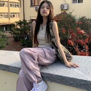 Plain Crop Tank Top / Drawstring-cuff Cargo Pants