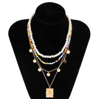 Rose Pendent Faux Pearl & Bead Layered Choker Necklace Set - 1933 - Gold - One Size