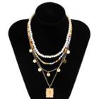 Rose Pendent Faux Pearl & Bead Layered Choker Necklace Set - 1933 - Gold - One Size
