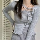 Wood Ear Trim Asymmetrical Long-sleeve Knit Top / High-waist Accordion Pleat Mini Skirt