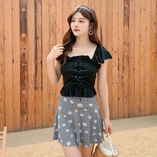 Set: Short-sleeve Lace Tankini Top + Plaid Floral Swim Skirt