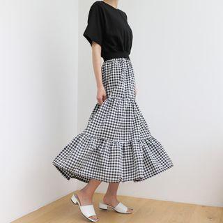 Mock Two-piece Checked-hem Long Dress