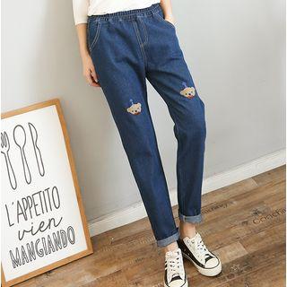 Bear Embroidered Slim-fit Jeans