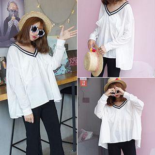 Contrast Trim V-neck Long Sleeve T-shirt
