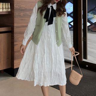 Bow Accent Long-sleeve A-line Dress / Knit Vest