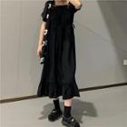 High-waist Square-neck Ruffle Short-sleeve Dress Black - One Size