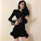 Ruffle Hem Long-sleeve Mini Knit Dress
