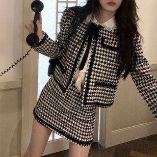 Set: Long Sleeve Houndstooth Cardigan + High Waist Houndstooth Skirt