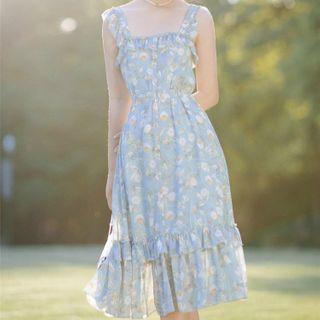 Ruffle Trim Wide Strap Floral Midi A-line Dress