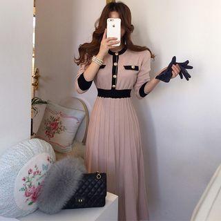 Two-tone Long-sleeve A-line Midi Knit Dress Pink - One Size
