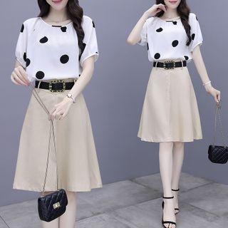 Set: Short-sleeve Dotted Blouse + A-line Skirt