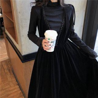 Long-sleeve Plain Top / Sleeveless V-neck Plain Dress