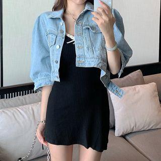 Elbow-sleeve Cropped Denim Jacket / Spaghetti Strap Mini Dress