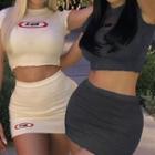 Set: Lettering Frilled Trim Cropped Top + Mini Pencil Skirt