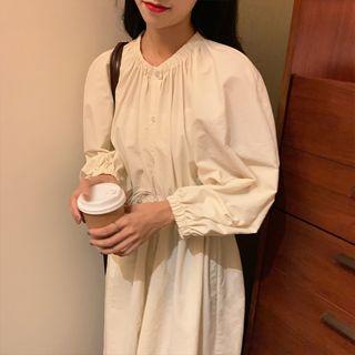 Drawstring Plain Long-sleeve Dress Almond - One Size